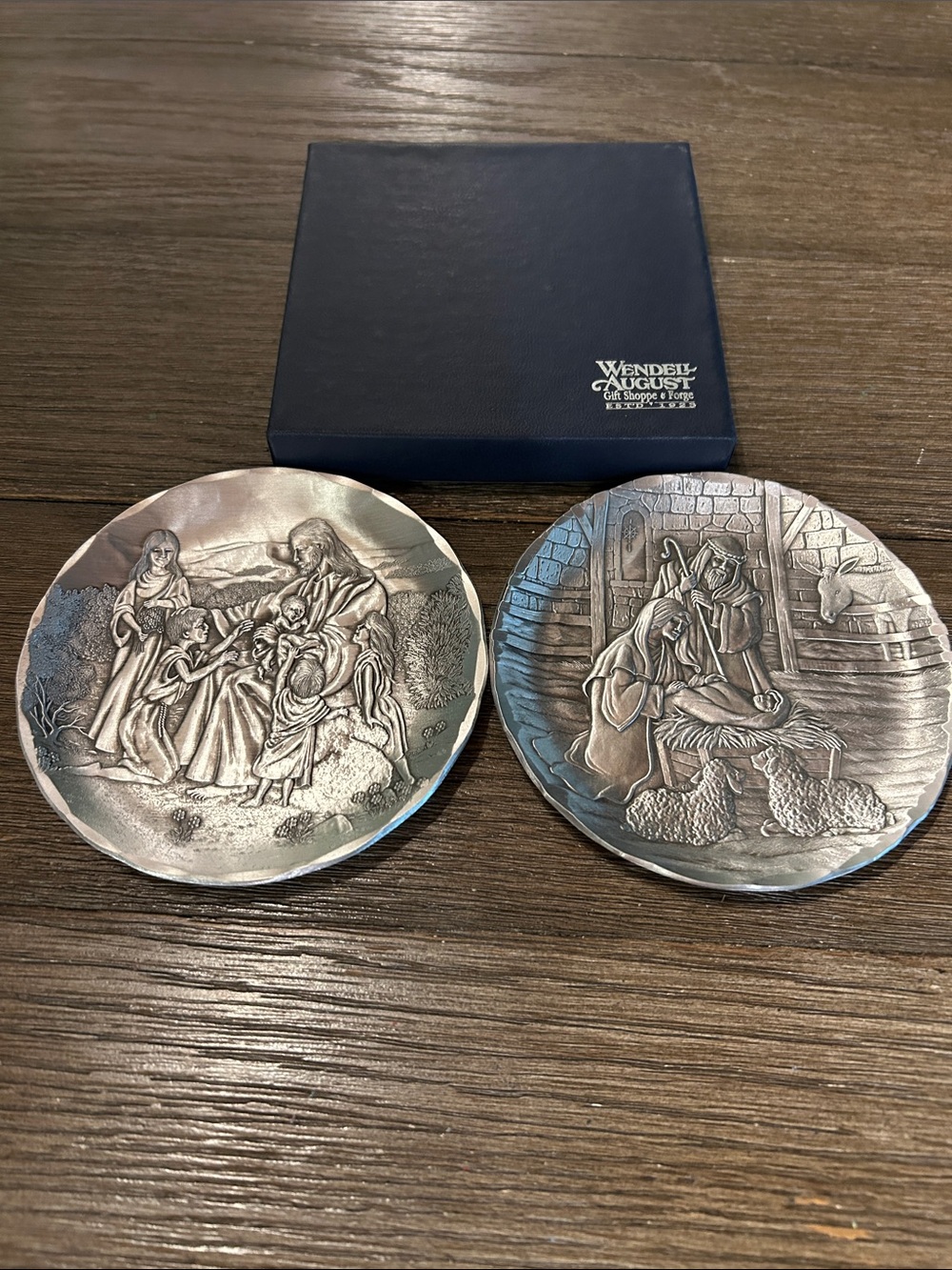 Wendell August Forge coaster pair Christmas Nativity and Jesus blessing children